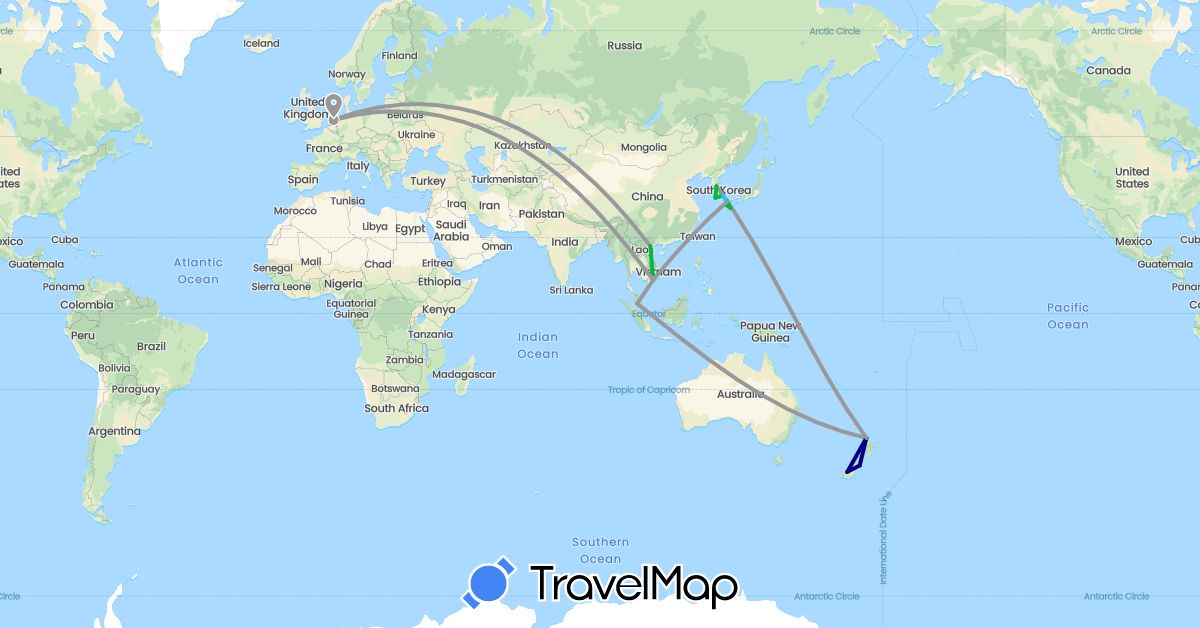 TravelMap itinerary: driving, bus, plane, boat in Japan, South Korea, Malaysia, Netherlands, New Zealand, Vietnam (Asia, Europe, Oceania)